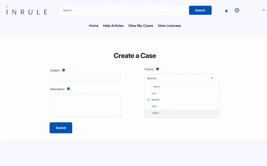 Screenshot showing empty support ticket