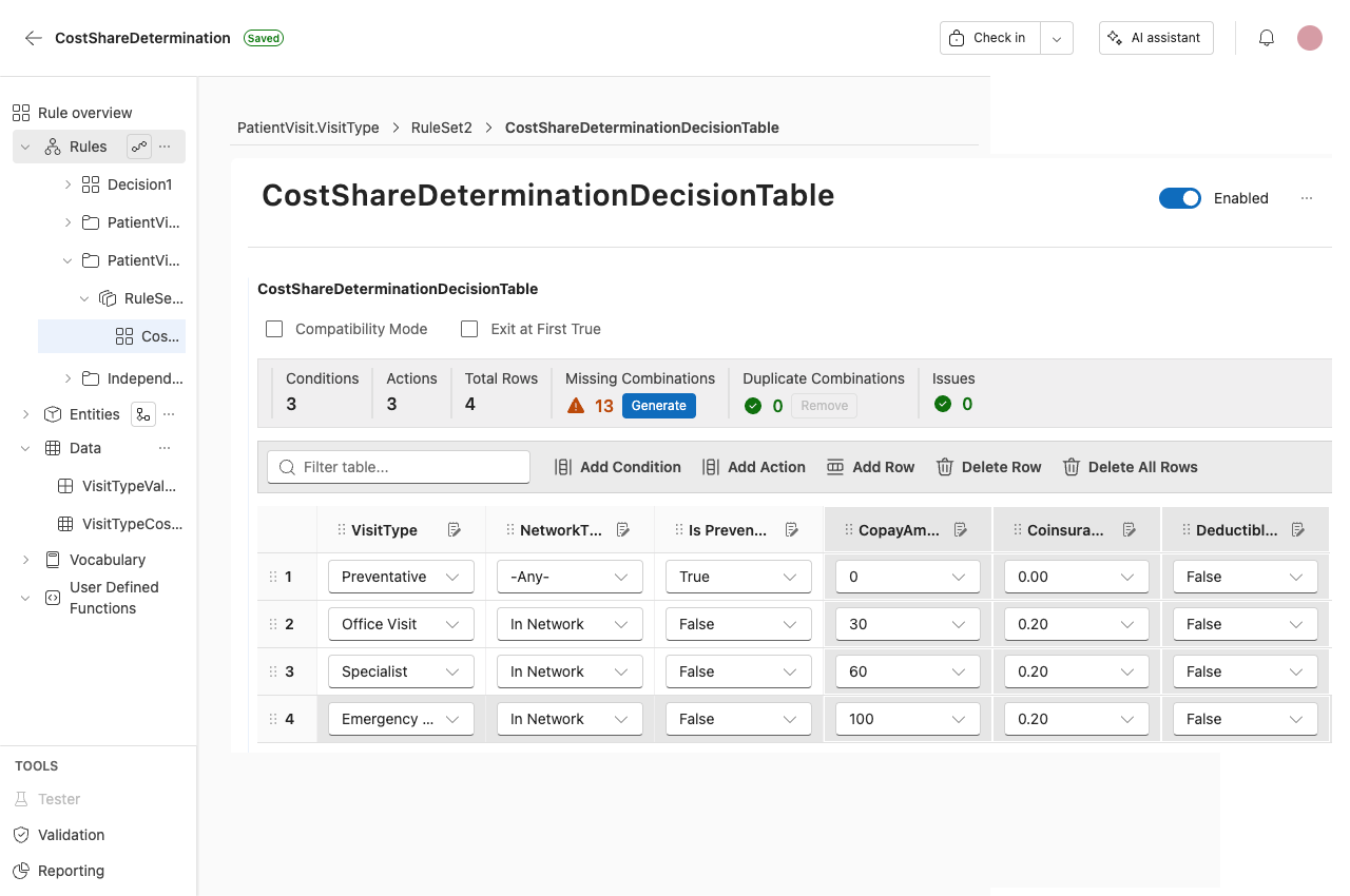 Screenshot of decision table example