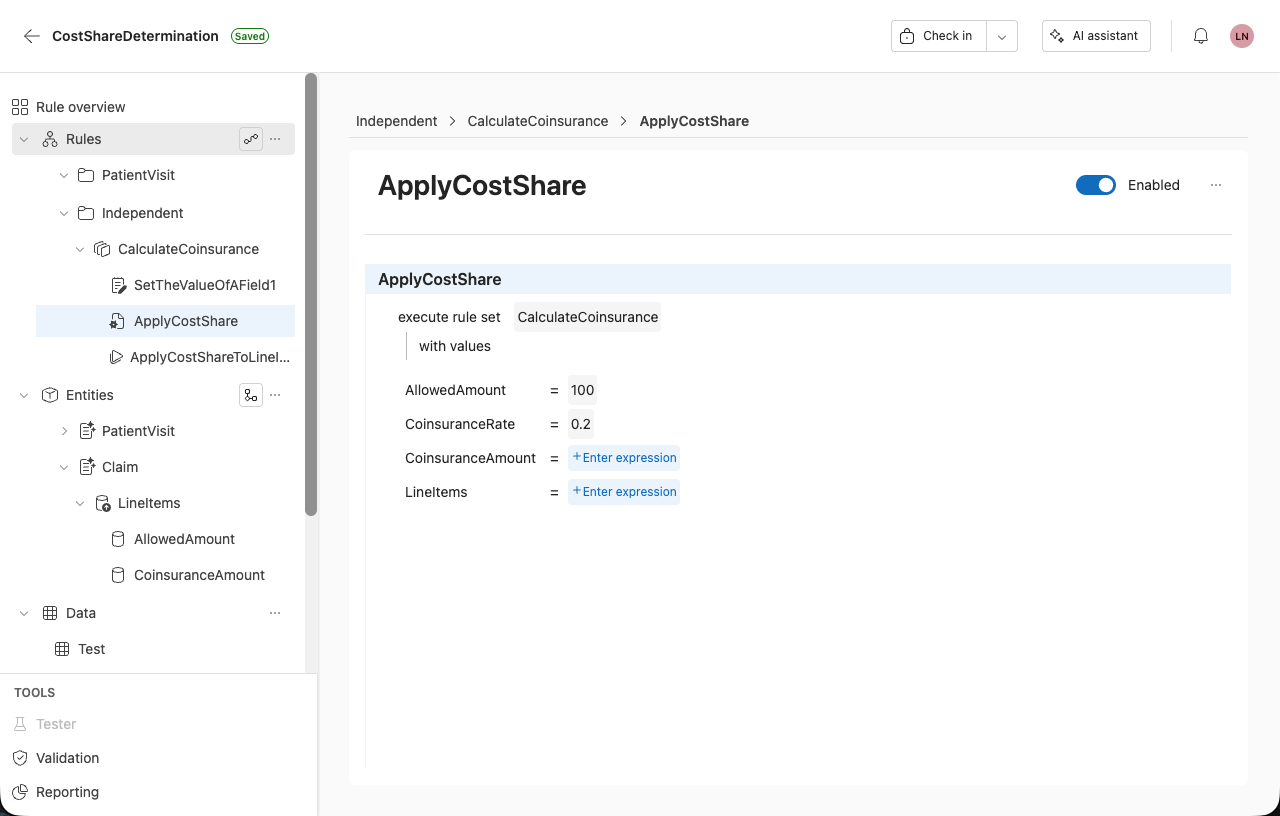 Screenshot shows an example of an execute rule set template