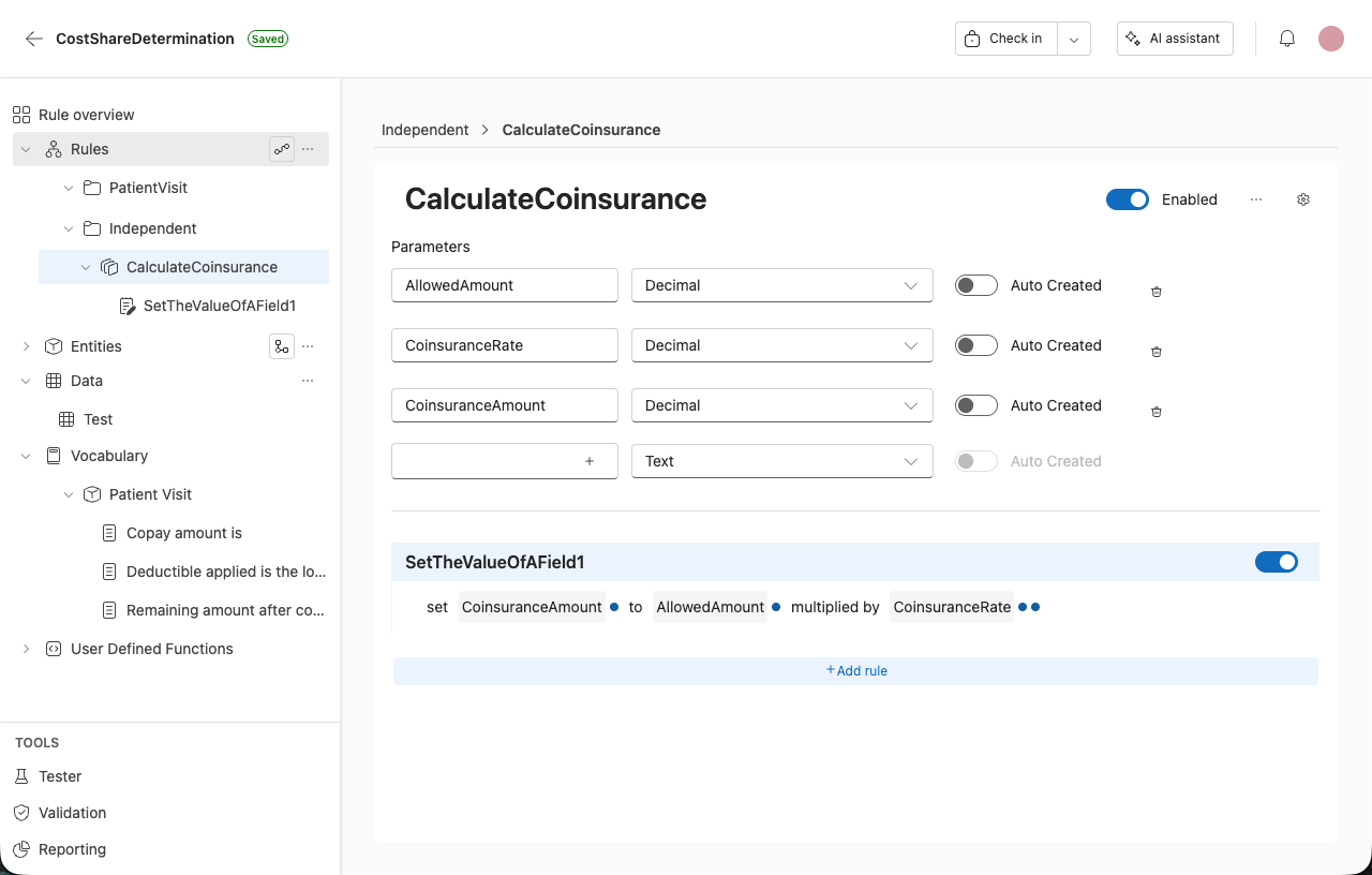 Screenshot showing parameters in an independent rule set
