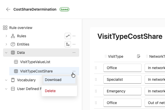 Screenshot showing how to download or delete an Inline table