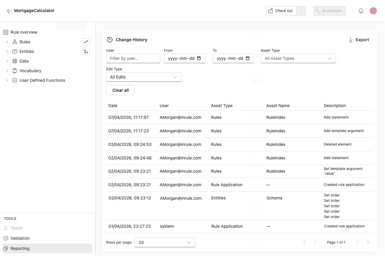 Screenshot showing the Change history of the Rule application