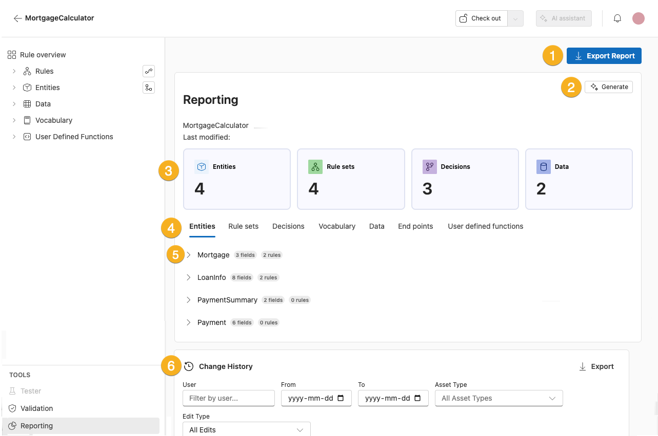 Screenshot showing the Reporting overview for a rule application