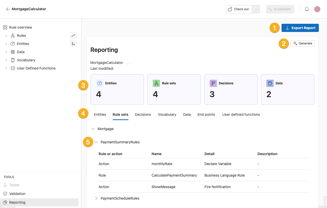 Screenshot showing the Reporting overview for a rule application