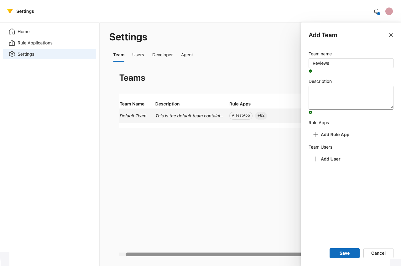 Screenshot showing Add Team menu