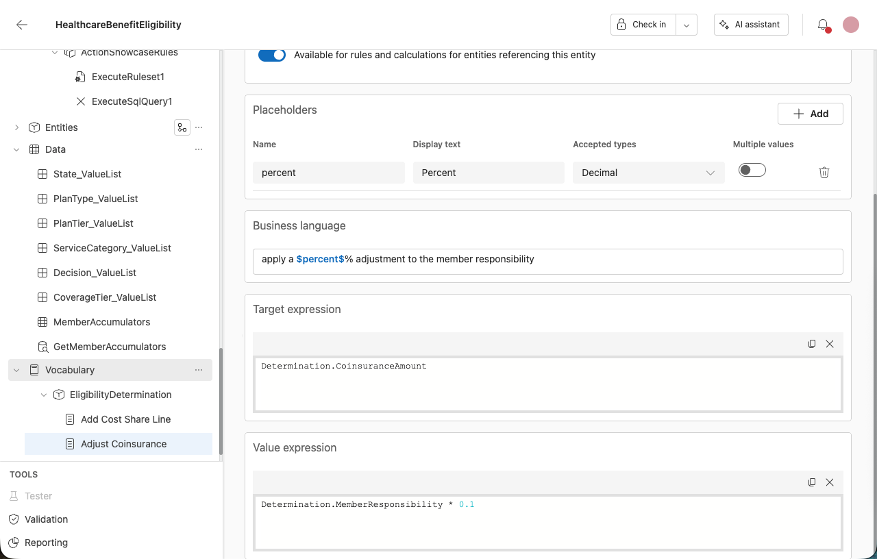 Screenshot of an Assignment template with a percent placeholder, a business language sentence, a target expression of Determination.CoinsuranceAmount, and a value expression of Determination.MemberResponsibility times 0.1