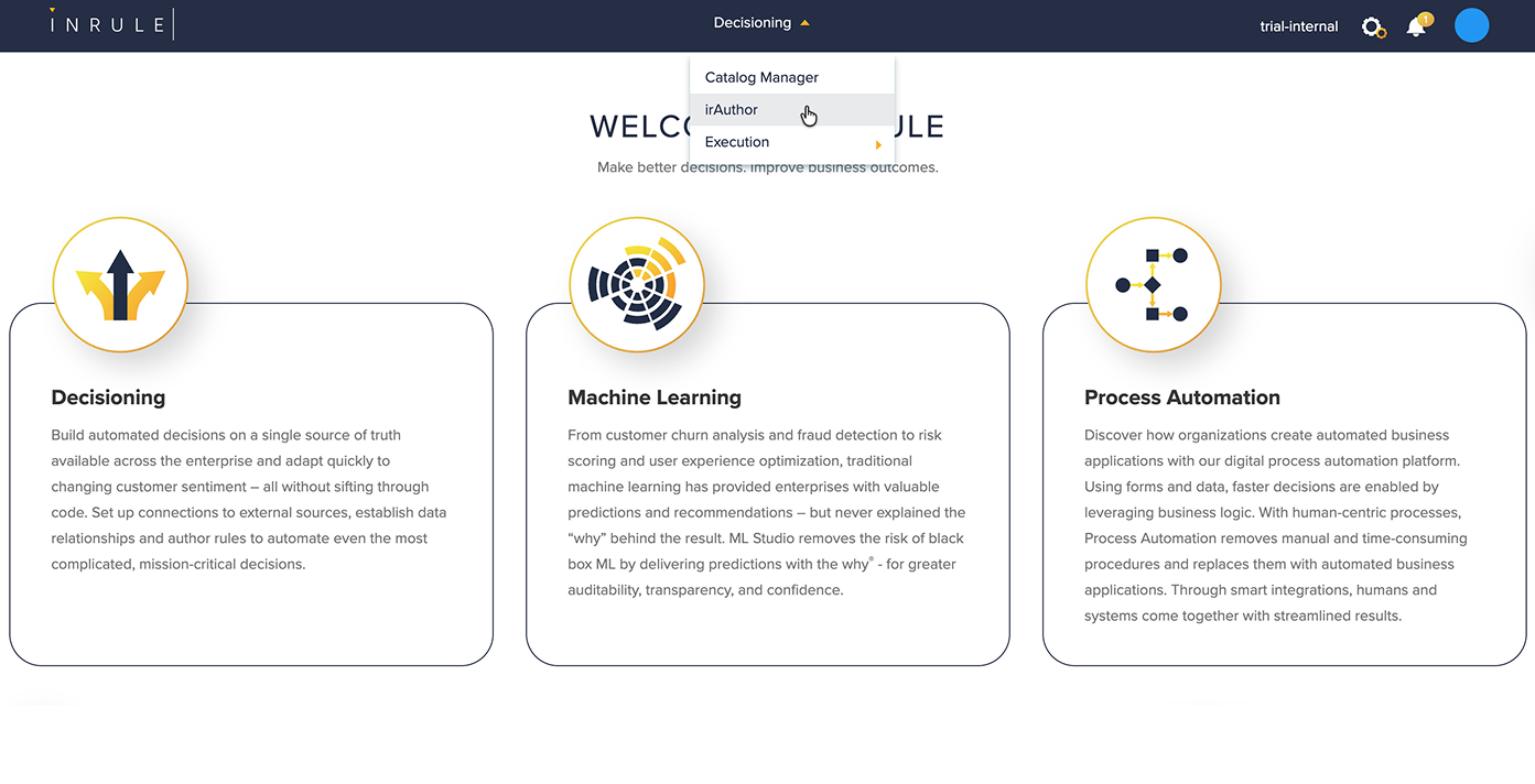 Image of the InRule portal with the Decisioning menu open and a clicker hovering over the option to open irAuthor.