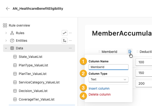 screenshot showing column editing tools