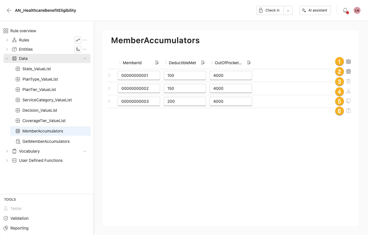screenshot showing the editing tools on an inline table