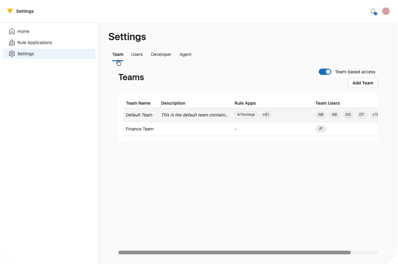 Screenshot showing Team tab