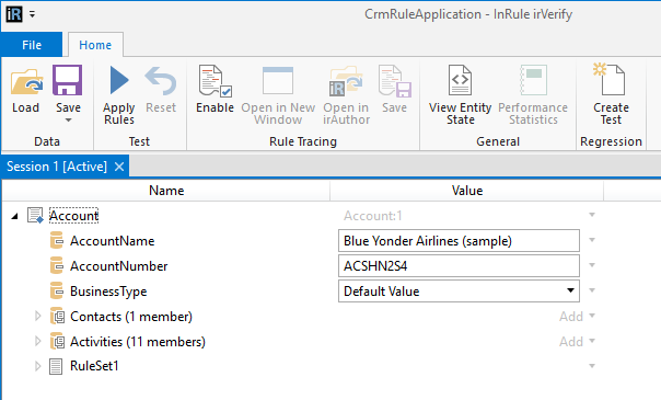 irVerify session showing the selected Account record's field values