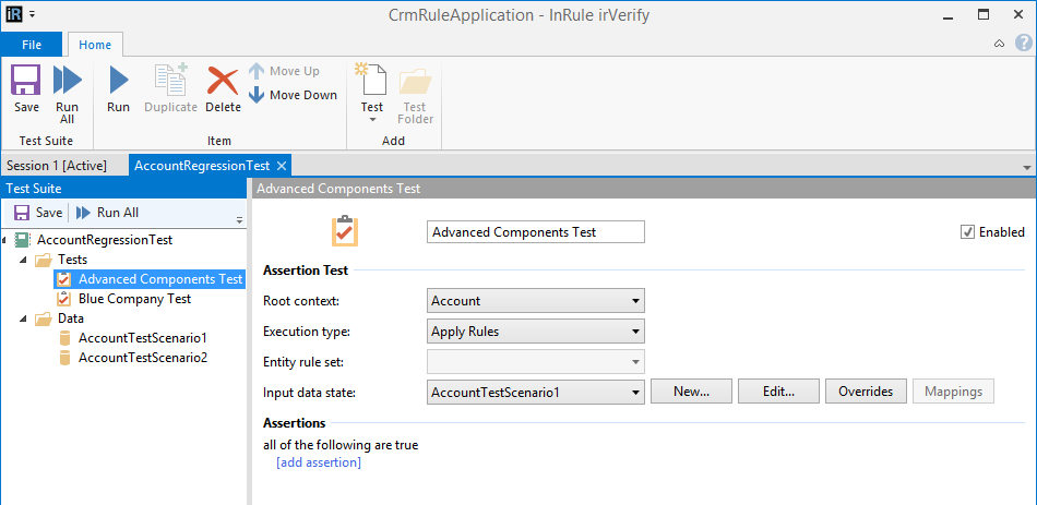 irVerify Test Suite tab showing an Assertion Test's configuration