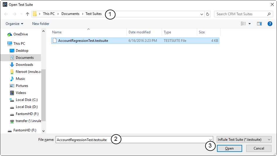 Open Test Suite dialog listing a saved .testsuite file