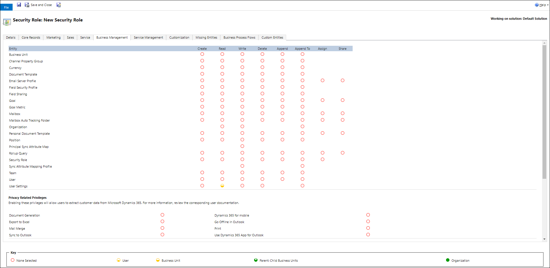 Security Role dialog showing the Business Management tab with User Settings read permission highlighted