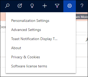 Dynamics 365 settings menu with Advanced Settings highlighted