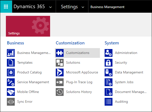 Dynamics 365 Settings page with the Customizations tile highlighted