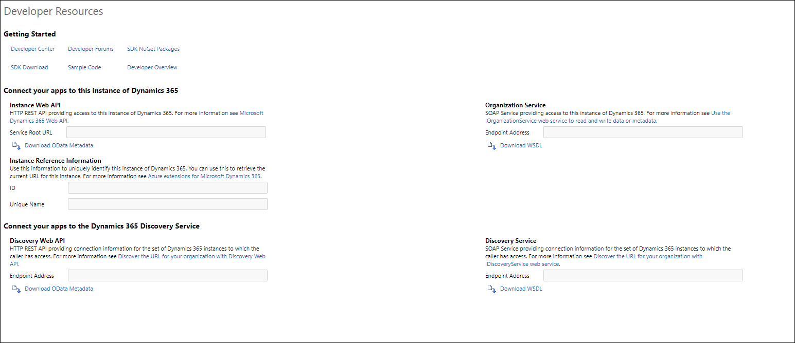 Developer Resources page with the Organization Service Endpoint Address highlighted