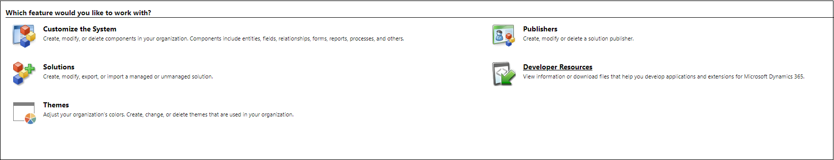 Which feature would you like to work with panel with Developer Resources highlighted