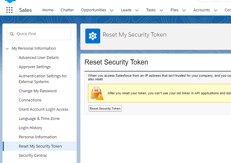 Salesforce Reset My Security Token page under My Personal Information, with the Reset Security Token button