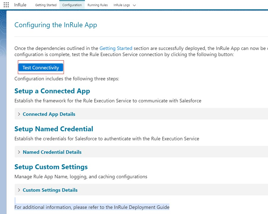 Configuring the InRule App page with Test Connectivity button, and Setup a Connected App, Setup Named Credential, and Setup Custom Settings sections