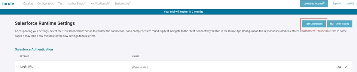 InRule SaaS portal Salesforce Runtime Settings page with a Test Connection button and Salesforce Authentication settings table