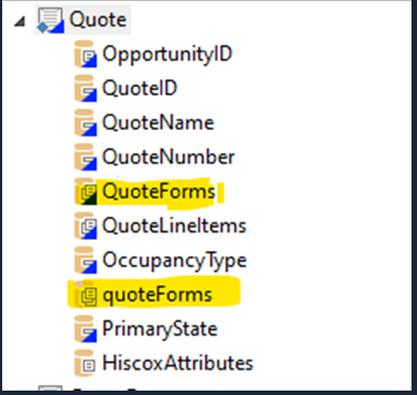 Entities tree showing a Quote entity with both QuoteForms and quoteForms collections highlighted, differing only in capitalization