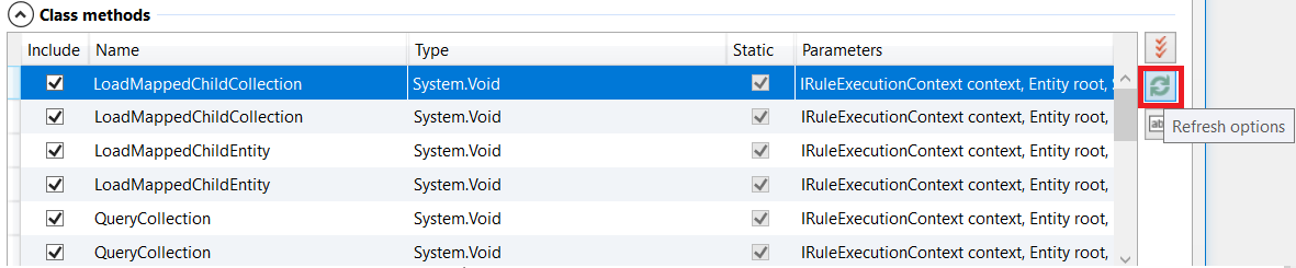 Class methods list with LoadMappedChildCollection selected and the refresh icon on the right highlighted
