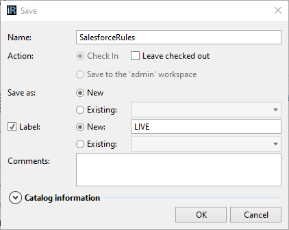 Save dialog with Name set to SalesforceRules, Action set to Check In, Save as New, and a New label of LIVE