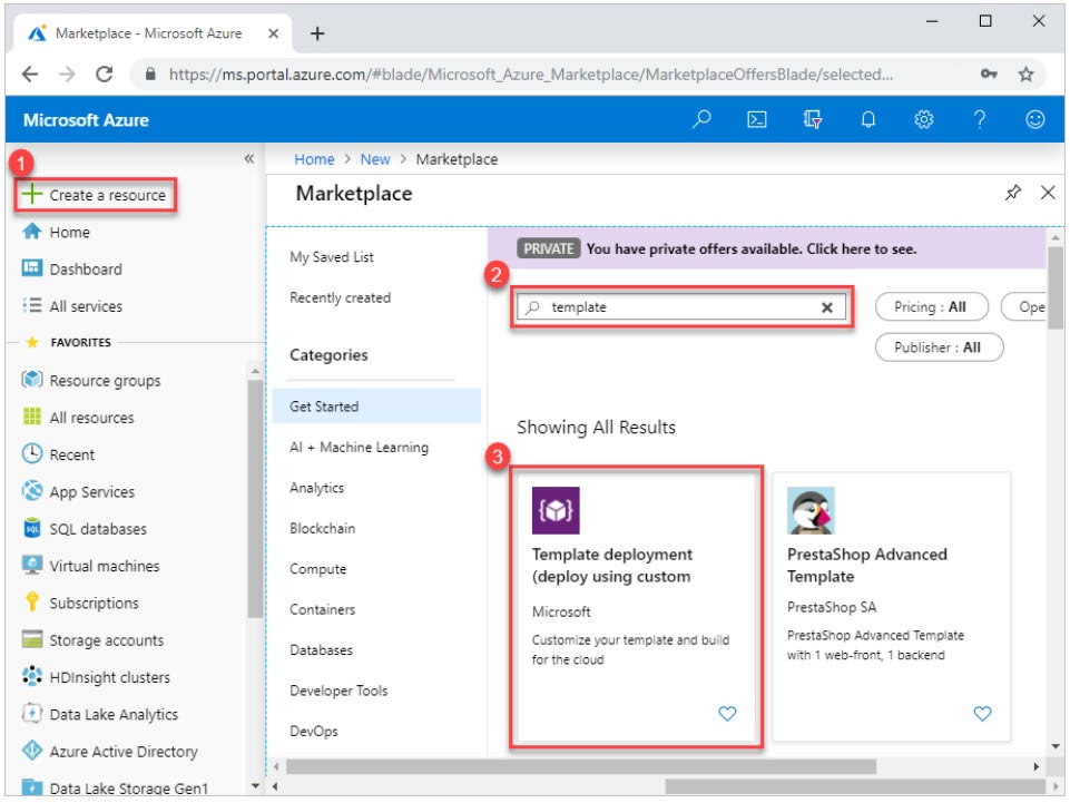 Azure Portal Marketplace with Create a resource selected, a search for "template", and the Template deployment (deploy using custom templates) tile highlighted