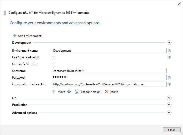 Configure InRule for Microsoft Dynamics 365 Environments dialog with Legacy Login fields filled in
