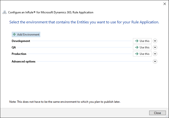 Configure an InRule for Microsoft Dynamics 365 Rule Application dialog showing the Development, QA, and Production environments