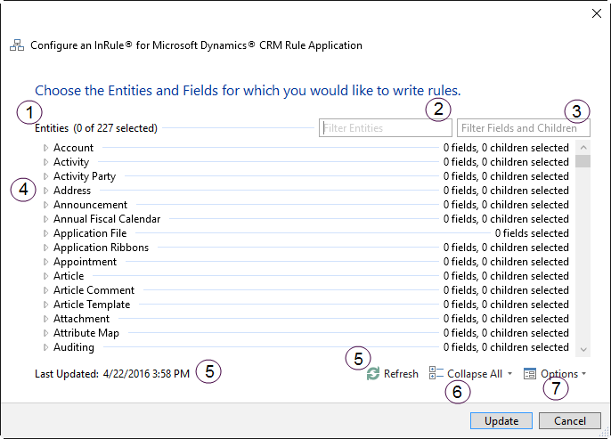 Configure an InRule for Microsoft Dynamics CRM Rule Application dialog showing the Select Elements screen with numbered callouts