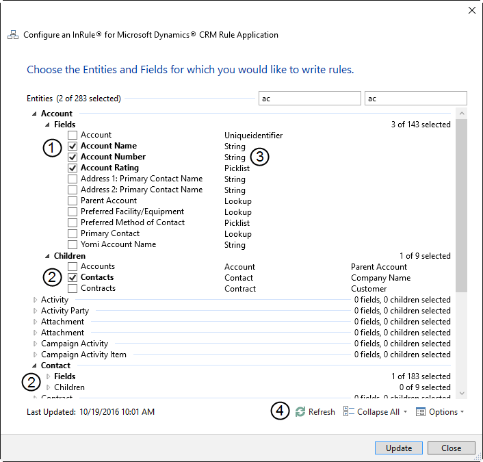 Configure an InRule for Microsoft Dynamics CRM Rule Application dialog showing Fields and Children selected under the Account entity