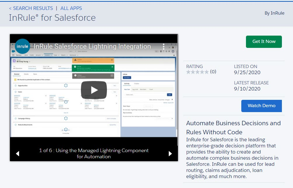 InRule for Salesforce AppExchange listing page with the Get It Now button, rating, listed and release dates, and Watch Demo button