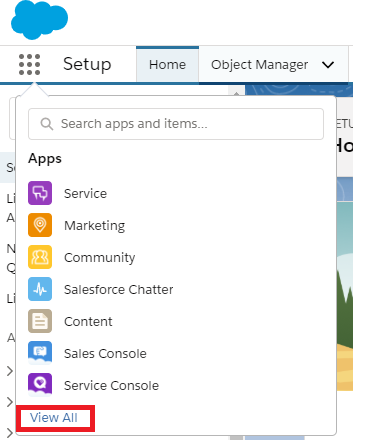 Salesforce App Launcher dropdown with a list of Apps and the View All link highlighted