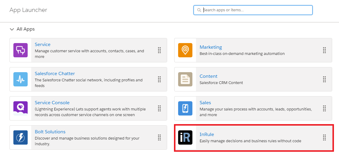 App Launcher grid view with the InRule app tile highlighted, described as "Easily manage decisions and business rules without code"