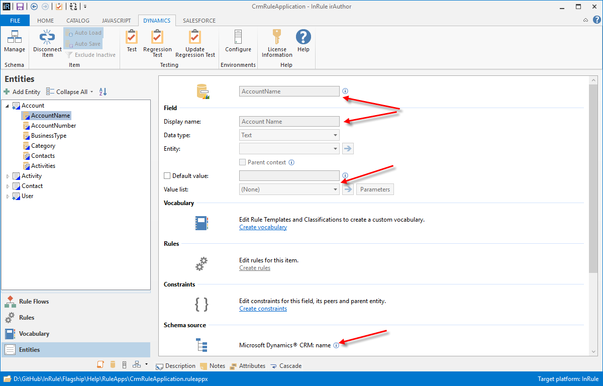 irAuthor Field display with the Schema source pointing to Microsoft Dynamics CRM name