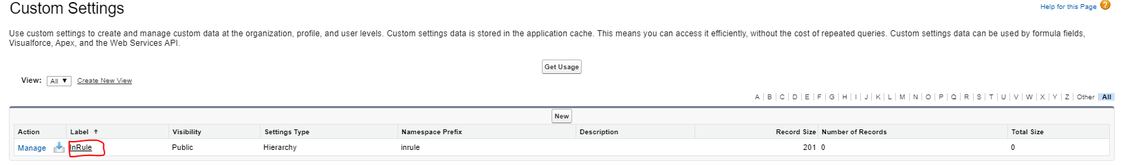 Custom Settings list page showing the InRule custom setting row
