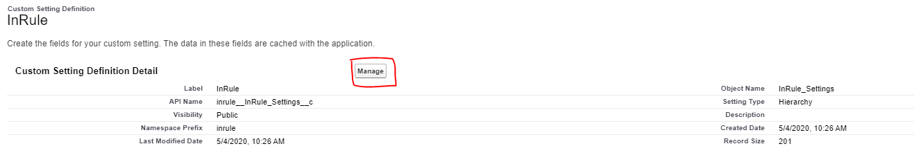 Custom Setting Definition Detail for InRule with the Manage button highlighted