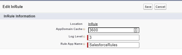 Edit InRule configuration form with AppDomain Cache, Log Level, and Rule App Name fields