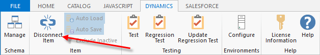 irAuthor DYNAMICS ribbon tab with the Disconnect Item button highlighted