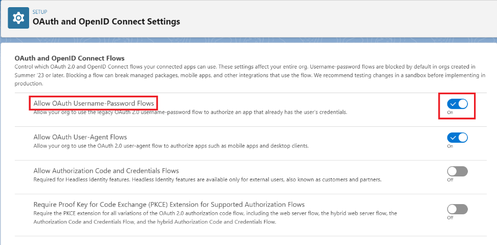 Salesforce OAuth and OpenID Connect Settings page with the Allow OAuth Username-Password Flows toggle highlighted and enabled
