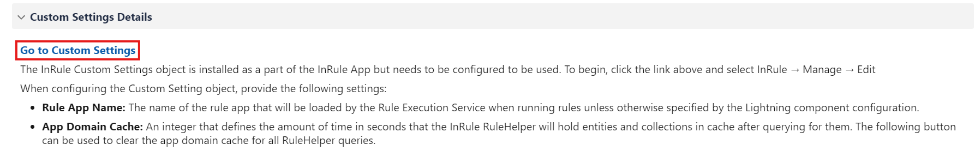 Custom Settings Details panel with the Go to Custom Settings link and a description of the Rule App Name and App Domain Cache settings