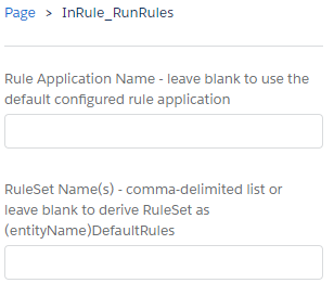 InRule_RunRules component configuration panel with Rule Application Name and RuleSet Name(s) fields
