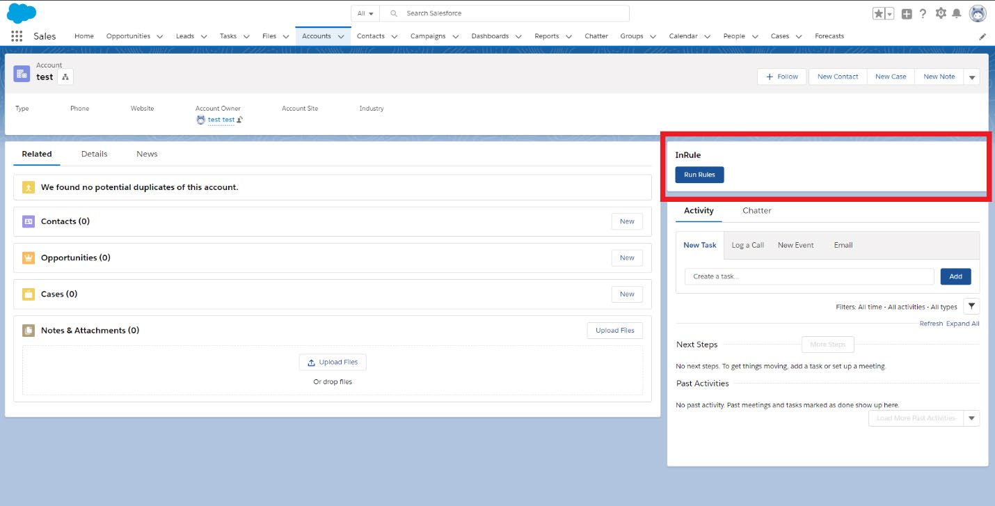 Account record page in Salesforce showing the InRule Run Rules button in the sidebar