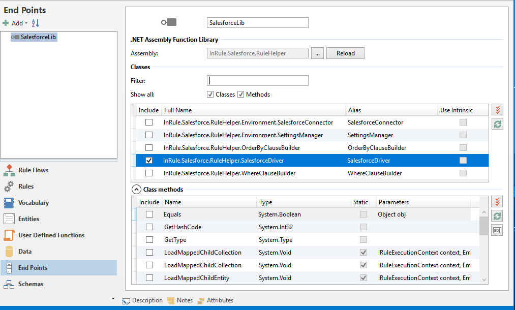 End Points panel in irAuthor showing the SalesforceLib .NET Assembly Function Library bound to InRule.Salesforce.RuleHelper.dll, with the SalesforceDriver class and its methods listed