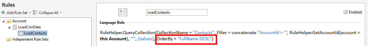Rules tree showing the LoadContacts rule with OrderBy = "FullName DESC" highlighted