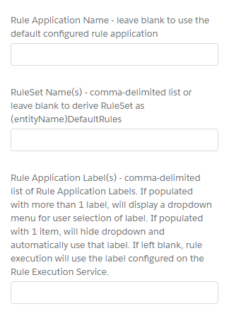 InRule_RunRules component configuration panel with Rule Application Name, RuleSet Name(s), and Rule Application Label(s) fields