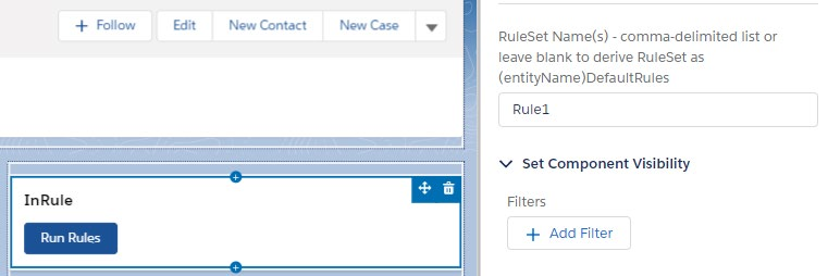 Page layout preview showing the InRule component with the RuleSet Name(s) field set to Rule1 and a single Run Rules button