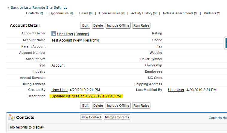 Classic UI Account Detail page with a Run Rules button and the Description field updated via rules with the current date and time